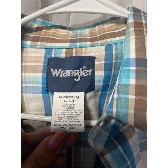 Wrangler Mens L Blue Brown Plaid Shirt Pearl Snap Long Sleeve Western Wrancher - Picture 2 of 6